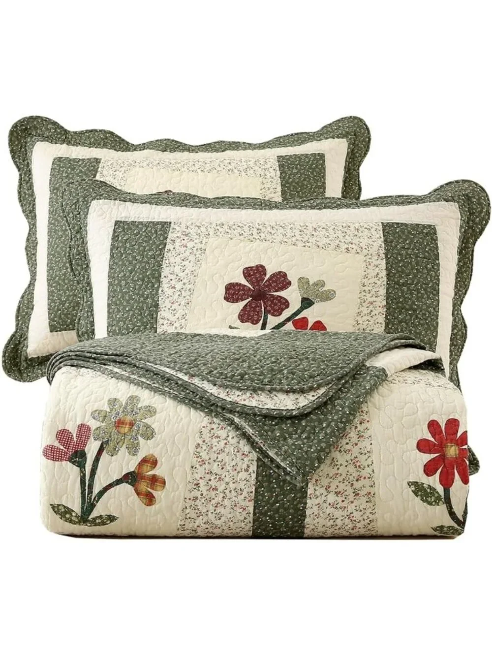 Farmhouse Green 3-Piece Quilted Bedspread Set, 100% Cotton Floral Coverlet